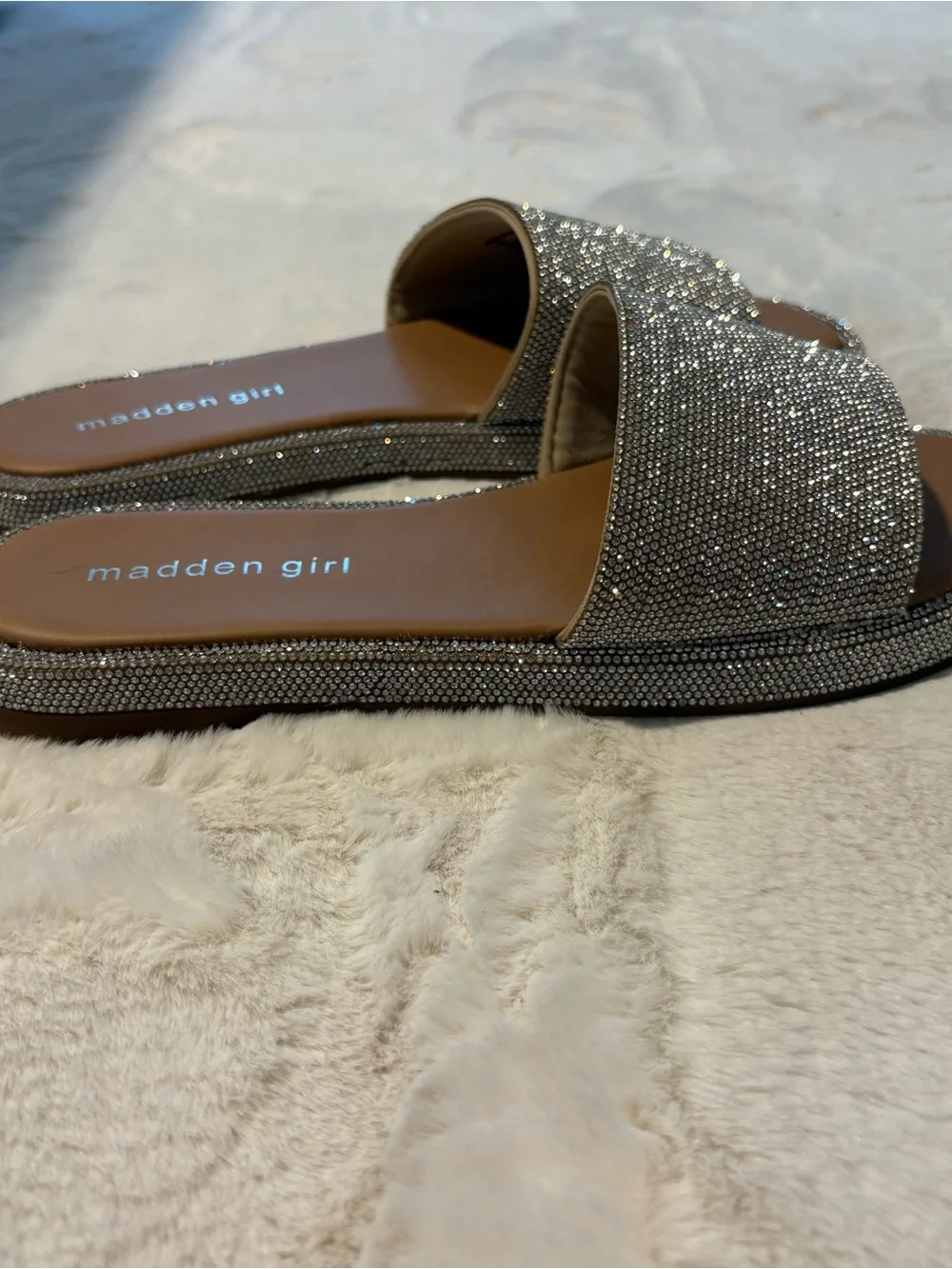 Madden Girl Silver Rhinestone Slide Sandals